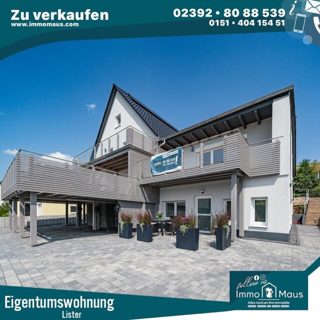 ✨ Neu sanierte & altersgerechte Eigentumswohnung ( Nr 4 )  mit Blick auf die Listertalsperre zu verkaufen oder auch zu vermieten !!!! 🌊🏡

Willkommen in Ihrem neuen Zuhause in Meinerzhagen / Hunswinkel – wo Komfort, Stil und Natur in perfekter Harmonie zusammentreffen. 🌿
Diese liebevoll sanierte Erdgeschosswohnung bietet auf ca. 100 m² Wohnfläche modernes Wohnen auf höchstem Niveau – ideal für alle, die Wert auf Qualität, Ruhe und Barrierefreiheit legen.

💫 Ihre Highlights im Überblick:
🛋️ Großzügiger Wohn- & Essbereich mit offener Küche
🛏️ 1 gemütliches Schlafzimmer
🚿 Stilvolles Badezimmer & separates Gäste-WC
🌞 Sonnige Terrasse mit unverbaubarem Blick auf die Listertalsperre
🔥 Fußbodenheizung & Luft/Wasser-Wärmepumpe (2025)
⚡ Photovoltaikanlage & Smart-Home-Technologie
🚗 Stellplatz oder Carport mit Wallboxanschluss optional
🧱 Barrierearm – ebenerdiger Zugang & extra breite Türen
💡 Energieeffizienzklasse A – KfW 85

Hier erwartet Sie ein Zuhause, das sowohl ästhetisch als auch funktional überzeugt – perfekt für alle Lebensphasen. 🌼

💰 Kaufpreis: 339.000 €, Mietpreis : 1250 € kalt
📍 Ort: 58540 Meinerzhagen / Hunswinkel
📞 Kontakt: Immo Maus UG
Tel.: 02392 / 8088539
📧 info@immomaus.com