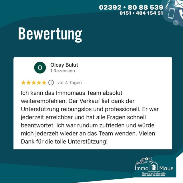 🏡 Mit Immo Maus auf der sicheren Seite! ✨

Wer eine Immobilie kaufen oder verkaufen möchte, ist bei Immo Maus genau richtig. 🤝

Unsere Kundinnen und Kunden schätzen die professionelle, ehrliche und zuverlässige Arbeitsweise unseres Teams – von der ersten Kontaktaufnahme bis zum erfolgreichen Abschluss. 💼💛

„Der Verkauf lief dank der Unterstützung reibungslos und professionell. Ich war rundum zufrieden und würde mich jederzeit wieder an das Team wenden.“ 🙏

Wir legen Wert auf klare Kommunikation, schnelle Antworten und persönliche Betreuung – denn Ihr Vertrauen ist unser größtes Kompliment. ❤️

Auch Geschäftspartner, die regelmäßig mit uns zusammenarbeiten, loben unser Engagement, unsere Erfahrung und unsere Zuverlässigkeit.
„Die Abläufe sind reibungslos, die Zusammenarbeit einfach top!“ 🚀

Ob Kauf, Verkauf oder Projektbetreuung – bei Immo Maus erleben Sie Qualität, Herz und Kompetenz in jedem Schritt. 🌟

Ein großes Dankeschön an alle, die uns ihr Vertrauen schenken.
Wir freuen uns auf viele weitere gemeinsame Erfolge! 🏠✨

#ImmoMaus #Immobilienliebe #MitHerzUndVerstand #RundumSorglos #Immobilienverkauf #Immobilienkauf #ProfessionellUndZuverlässig #Immobilienmakler #ZuhauseGefunden #ServiceMitHerz #Kundenzufriedenheit #Teamwork #BesteWahl #vertrauenverbindet
