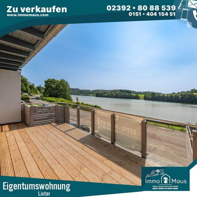 ✨ Exklusive & neu sanierte Eigentumswohnung ( Nr 3 ) mit Blick auf die Listertalsperre! 🌊🏡

Willkommen in Ihrem neuen Zuhause in Meinerzhagen / Hunswinkel – wo moderner Wohnkomfort auf idyllische Natur trifft. 🌿
Diese 1953 erbaute und vollständig sanierte Etagenwohnung überzeugt mit ca. 107 m² Wohnfläche und einem harmonischen Raumkonzept.

💫 Ihre Highlights im Überblick:
🛋️ Großzügiger Wohnbereich mit Balkon & Seeblick
🛏️ Zwei helle Schlafzimmer
🚿 Modernes Badezimmer
🔥 Fußbodenheizung & Luft/Wasser-Wärmepumpe
⚡ Photovoltaikanlage & Smart-Home-Technologie
🏠 Separater Wohnungseingang & Glasfaseranschluss
🚗 Carport & Stellplatz optional verfügbar
💡 Energieeffizienzklasse A – nachhaltig & zukunftsorientiert

Genießen Sie den atemberaubenden Ausblick auf die Listertalsperre – ein Ort, an dem Ruhe, Stil und Lebensqualität perfekt miteinander verschmelzen. 🌅

💰 Kaufpreis: 349.000 €
📍 Ort: 58540 Meinerzhagen / Hunswinkel
📞 Kontakt: Immo Maus UG
Tel.: 02392 / 8088539
📧 info@immomaus.com