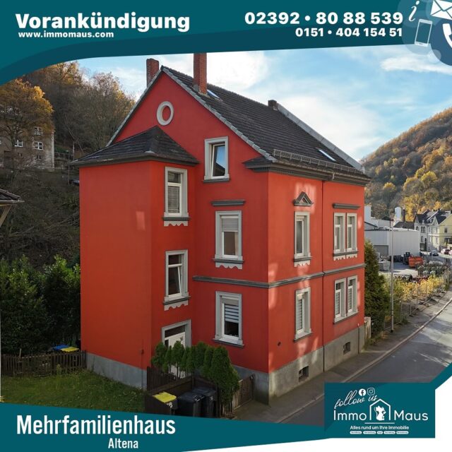 🏠 Vorankündigung – Neues Immobilienangebot in Altena! 🏡

Achtung Kapitalanleger 💰 oder Selbstnutzer 🏘!
Wir freuen uns, Ihnen ein charmantes 2–3-Familienhaus in Altena vorstellen zu dürfen – mit viel Potenzial, Charakter und Platz für Ihre Ideen!

✨ Eckdaten im Überblick

📏 Gesamtwohnfläche: ca. 150 m²
(2 Wohneinheiten à ca. 75 m²)
🏗️ Ausbaumöglichkeit: Dachgeschoss (ca. 75 m², noch nicht genehmigt) – ideal, um zusätzlichen Wohnraum zu schaffen
🌳 Grundstück: ca. 315 m²
🔥 Heizung: Neue Gasetagenheizung (2023)
🎨 Zustand: EG & OG renoviert (im OG fehlt nur der Bodenbelag)
🔨 Dachgeschoss: renovierungsbedürftig
🚪 Je Wohnung: 3 Zimmer
🎭 Fassade: 2012 gestrichen

🌼 Highlights

Schöner Garten mit Terrasse – perfekt zum Entspannen oder Grillen 🍸

Gemütliche Kellerbar – ideal für Feiern & gesellige Abende 🎉

Originale Türen & alter Charme mit viel Potenzial zur individuellen Gestaltung

💶 Voraussichtliche Jahreskaltmiete nach Genehmigung : ca. 17.500 €

Dieses Haus überzeugt durch Charme, Renditepotenzial und Flexibilität – eine attraktive Gelegenheit für Kapitalanleger oder Selbstnutzer. ❤️

👤 Der Eigentümer bewohnt derzeit noch das Erdgeschoss, bis eine neue Immobilie gefunden ist.

📩 Interesse geweckt?
Dann kontaktieren Sie uns gerne!

Ihr Immo Maus Team 🐭 
#immomaus #immobilien #altena #kapitalanlage #mehrfamilienhaus #hauskauf #immobilienangebot #eigentum #investment #selbstnutzer #immobilienliebe #hausmitcharme #neuesobjekt #immobilienverkauf #deutschlandimmo #garten #terrasse #kellerbar #partyraum