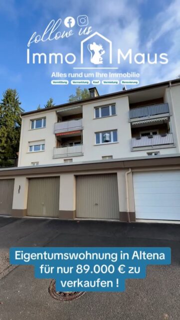 🏡 Gepflegte Etagenwohnung mit Blick ins Grüne in Altena 🌿

Entdecken Sie Ihr neues Zuhause oder Ihre nächste Kapitalanlage!
Diese charmante Etagenwohnung überzeugt durch ihre ruhige Lage, den herrlichen Blick ins Grüne 🌲 und eine gepflegte Ausstattung.

💫 Highlights auf einen Blick:
✨ 3 Zimmer | ca. 68 m² Wohnfläche
✨ Balkon mit Aussicht
✨ Garage inklusive 🚗
✨ Ruhige, naturnahe Lage
✨ Ideal für Eigennutzer oder Kapitalanleger
✨ Frei – sofort verfügbar!

Dank des aktuellen Leerstands können Sie die Wohnung selbst beziehen oder nach Ihren Vorstellungen vermieten – der Mietpreis ist frei verhandelbar.

📍 58762 Altena
💰 Kaufpreis: 89.000 €
📞 Immo Maus UG (haftungsbeschränkt)
Gildestraße 16 • 58791 Werdohl
☎️ 02392 / 8088539
🌐 immomaus.com