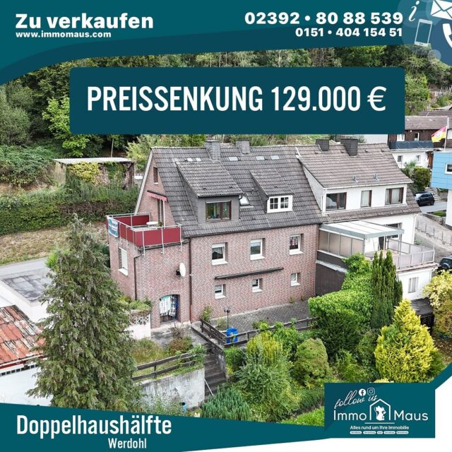 💥 Preisreduzierung! Jetzt nur 129.000 € 💥
Der Eigentümer hat den Preis gerade gesenkt – jetzt schnell melden!

🏡 Renovierungsbedürftig? Ja. Voller Potenzial? Definitiv! ✨
Diese charmante Doppelhaushälfte in Werdohl wartet darauf, von Ihnen zu neuem Leben erweckt zu werden! 💪

Mit ca. 118 m² Wohnfläche, 6 Zimmern und einem großen Grundstück von ca. 779 m² bietet dieses Haus jede Menge Platz für Ihre individuellen Wohnträume. 🌳☀️

Ob großzügige Terrasse, gemütlicher Balkon oder die ruhige Lage im herzlichen Sauerland – hier können Sie Ihr persönliches Zuhause gestalten. 🏠💫

💡 Besonderheiten:
	•	Baujahr: 1950
	•	Renovierungsbedürftig – gestalten Sie nach Ihren Vorstellungen
	•	1 Garage
	•	Unterkellert
	•	Energieeffizienzklasse H

📍 58791 Werdohl
📞 Immo Maus UG (haftungsbeschränkt)
📧 info@immomaus.com