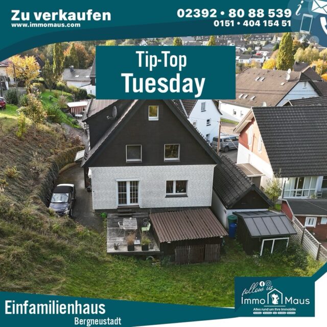 ✨ Tip Top Tuesday bei Immo Maus! 🐭🏡

Ab sofort heißt es: Jeden Dienstag = Immobilien-Reminder! 📅
Wir präsentieren Ihnen regelmäßig eines unserer aktuellen Highlights ✨

🔔 Neu neu bei Immo Maus:
🌿 Lichtdurchflutetes Eigenheim in naturnaher Lage von Bergneustadt-Wiedenest

💶 Kaufpreis: 299.000 €

🔑 Ihre Highlights:
🏡 Ca. 144 m² Wohnfläche auf 3 Etagen
🌳 Großzügiges Grundstück mit ca. 1.105 m²
🛏️ 5 Zimmer | 3 Schlafzimmer
🛁 2 Tageslichtbäder
🔥 Kamin & Pelletofen für gemütliche Stunden
🌞 Terrasse für entspannte Momente im Grünen
🚗 Garage + 3 Stellplätze
🏠 Gepflegter Zustand – sofort wohlfühlen!

🌲 Perfekt für alle, die ruhig wohnen und dennoch gut angebunden sein möchten – mitten im schönen Oberbergischen!

💡 Ein Zuhause mit Charme, viel Platz und naturnaher Lebensqualität!

📞 Jetzt Besichtigung sichern & verlieben!

#tiptoptuesday #immomaus #immobilien #hauskauf #bergneustadt wiedenest einfamilienhaus immobilienangebot traumhaus naturnah wohnenimglück familienleben hausliebe immobilienmakler 🏡💚