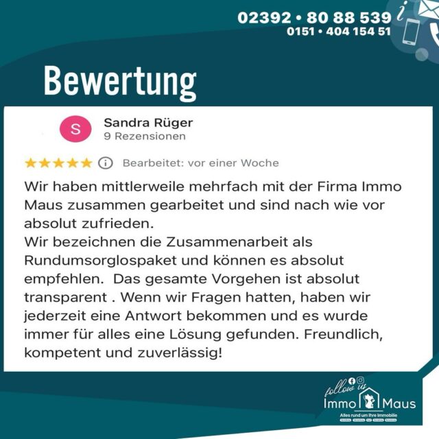 ⭐ Starke Bewertungen – starke Ergebnisse! ⭐
Auch bei der Vermietung und dem Kauf von Immobilien durften wir erneut erfolgreich unterstützen. 🙌
🏡 In Werdohl konnten wir ein Mehrgenerationenhaus erfolgreich vermieten und die passenden Mieter finden.
🏢 Gleichzeitig durften wir eine Wohnung vermitteln – mit Kunden, die bereits mehrfach auf unsere Expertise vertrauen. 🤝
💬 Das sagen unsere Kunden:
✨ „Kompetent, diskret und zielorientiert.“
✨ „Rundum sorglos und absolut transparent.“
✨ „Freundlich, zuverlässig und immer eine Lösung parat.“
Genau das ist unser Anspruch: persönliche Betreuung, professionelle Abwicklung und nachhaltige Ergebnisse.
💡 Sie möchten vermieten oder verkaufen?
Vertrauen auch Sie auf Erfahrung, Netzwerk und Engagement.
📩 Kontaktieren Sie uns gerne – Ihr ImmoMaus Team 🐭
#bewertungen #kundenstimmen #immobilienmakler #vermietung #wohnungskauf