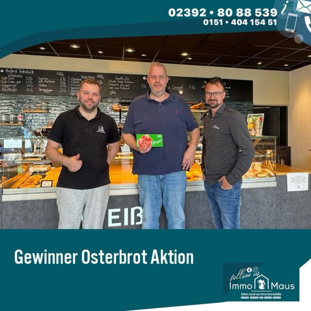 🎉 Osterbrot-Aktion beendet! 🐰🥖

Unsere gemeinsame Gewinnspiel-Aktion mit Maler Maus 🎨 und Weiß Backhandwerk 🥖 ist nun offiziell zu Ende – und wir freuen uns sehr über die tolle Teilnahme!

🎁 Die ersten Gewinne wurden bereits übergeben:
✔️ Gutschein von EP Schröder
✔️ Gutschein von Blumen Fromm

👏 Herzlichen Glückwunsch an die glücklichen Gewinner!

👉 Jetzt sind Sie gefragt:
Haben Sie ein Osterbrot mit Gewinn erwischt und sich noch nicht gemeldet?
Dann melden Sie sich gerne bei uns, damit wir Ihnen Ihren Gutschein übergeben können! 🎁

Wir freuen uns auf Ihre Nachricht und bedanken uns bei allen Teilnehmern! 🙌

Ihr Immo Maus Team 🐭🏡

#gewinnspiel #osteraktion #gewinner #immomaus #malermaus weißbackhandwerk danke aktionbeendet sauerland neuenrade werdohl