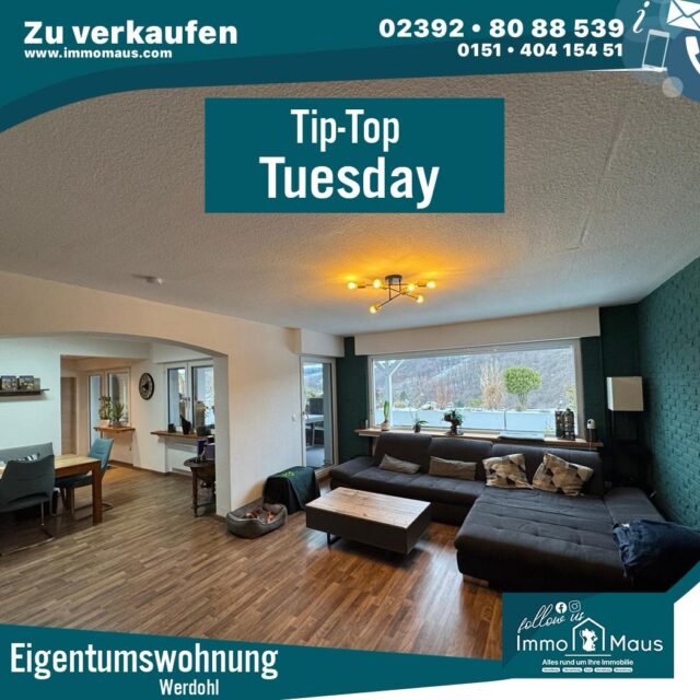 🏡✨ Tip Top Tuesday – Immobilienvorstellung

ZU VERKAUFEN in Werdohl:
Exklusive Eigentumswohnung mit XXL-Terrasse, Sauna & Kamin 🔥🧖‍♂️

Diese vollständig renovierte Wohnung bietet Ihnen ca. 113 m² Wohnfläche und ein echtes Highlight im Außenbereich!

🔹 Highlights der Wohnung:
🛏️ 4 Zimmer (2 Schlafzimmer + flexibler Raum)
🌿 XXL-Terrasse (ca. 60 m², davon 30 m² überdacht)
🧖‍♀️ Private Sauna auf der Terrasse
🔥 Moderner Pellet-Kamin (per WLAN steuerbar)
🍽️ Einbauküche inklusive
🚗 Garage inklusive

🌳 Ruhige Lage mit direktem Zugang ins Grüne

💰 Kaufpreis: 220.000 €

👉 Perfekt für Paare oder kleine Familien, die Ruhe, Komfort und etwas Besonderes suchen!

📩 Vereinbaren Sie jetzt Ihre Besichtigung – wir freuen uns auf Ihre Anfrage! Ihr Immo Maus Team !

#immobilien #eigentumswohnung #werdohl #hauskaufen #immobilienangebot