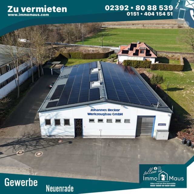 🏭✨ ZU VERMIETEN – Moderne Gewerbehalle in Neuenrade-Küntrop

Sie suchen eine vielseitig nutzbare Gewerbeimmobilie für Produktion, Lager oder Logistik?
Dann ist dieses Objekt genau das Richtige für Sie!

🔹 Gesamtfläche: ca. 600 m²
✔️ ca. 450 m² Produktions- & Lagerfläche
✔️ ca. 150 m² Büro- & Sozialräume

🔹 Ihre Vorteile auf einen Blick:
⚡ Photovoltaikanlage (2024) – sparen Sie Energiekosten
🚛 Rampe mit Hubbühne für optimale Logistik
🏢 Helle Büroflächen & Aufenthaltsräume
🔥 Neue Heizungsanlage (2023) & gedämmtes Dach
🚗 Großzügige Rangierflächen

💰 Kaltmiete: 3.000 €
💰 Warmmiete: 4.000 €

👉 Perfekt für Unternehmen, die effizient arbeiten und wachsen möchten!

📩 Vereinbaren Sie jetzt Ihre Besichtigung – wir freuen uns auf Ihre Anfrage! Ihr Immo Maus Team !

#gewerbehalle #immobilien #mieten #unternehmer #gewerbeimmobilie