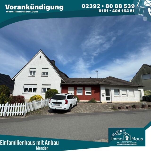 🏡✨ Vorankündigung – Charmantes Einfamilienhaus mit Anbau in Menden ✨🏡

Sie sind auf der Suche nach einem Mehrgenerationenhaus mit viel Potenzial? Dann könnte dieses Objekt genau das Richtige für Sie sein!

🔹 Einfamilienhaus mit ebenerdigem Anbau – ideal für Eltern oder Angehörige
🔹 Ca. 200 m² Wohnfläche
🔹 Großzügiges Grundstück mit 609 m²
🔹 Allein der Bodenwert beträgt ca. 115.000 € 💰
🔹 📍 Lage: Menden-Schwitten, ruhig und familienfreundlich

Das Haus ist renovierungsbedürftig, bietet Ihnen jedoch die perfekte Grundlage, um Ihre eigenen Wohnträume zu verwirklichen ✨

📩 Interesse vorab?
Melden Sie sich gerne bei uns – wir freuen uns auf Ihre Anfrage!

Ihr 🐭 Immo Maus Team

#immobilien #hauskaufen #mehrgenerationenhaus #menden #schwitten