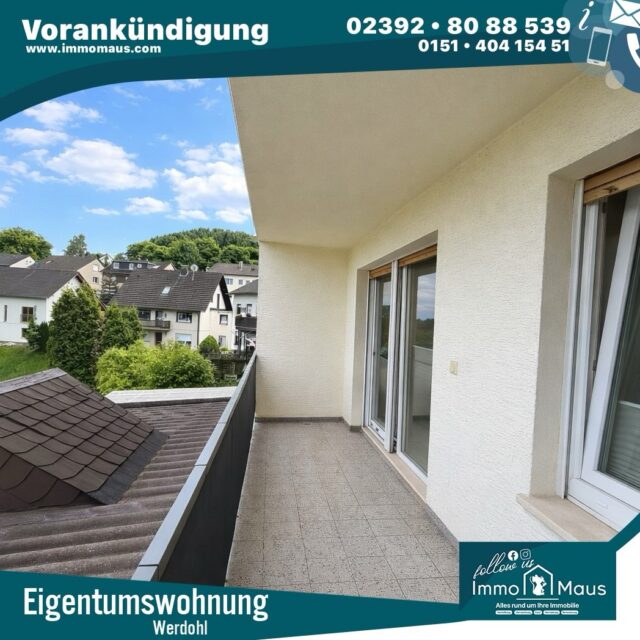 🔔 Vorankündigung – Günstig und Ebenerdig wohnen in Werdohl! 🏡✨
🌿 Highlights:
✔️ Ca. 85 m² Wohnfläche
✔️ 3 Zimmer (2 Schlafzimmer) 🛏️
✔️ Erdgeschoss – bequem & barrierearm 🚶‍♂️
✔️ Balkon & zusätzliche Terrasse ☀️🌸
✔️ Gepflegter Zustand
✔️ Extra Stauraum im DG 📦

🏠 Ideal für Paare, kleine Familien oder Kapitalanleger 💼
🌳 Ruhige Lage mit guter Anbindung & viel Natur im Sauerland

📞 Jetzt vormerken & mehr erfahren!

#Immobilien #Werdohl #Eigentumswohnung #WohnungKaufen #kapitalanlage