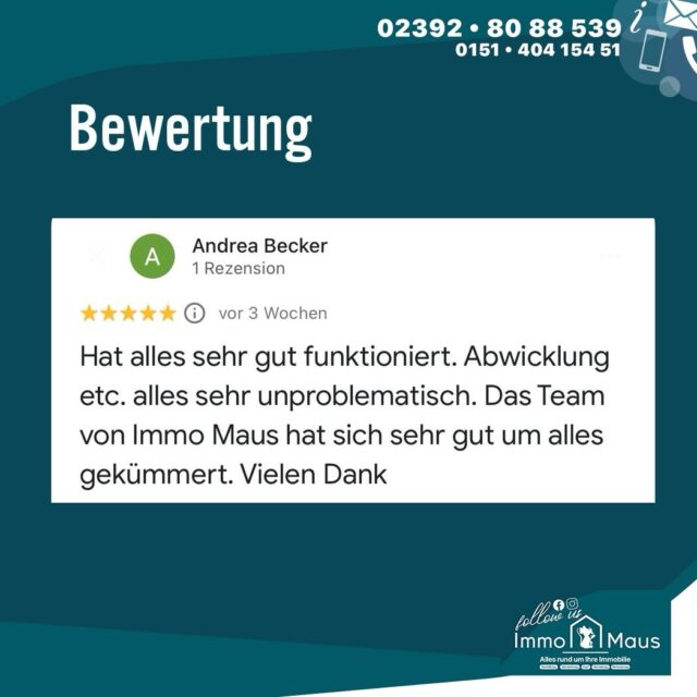 ⭐ Weitere starke Kundenstimmen – Vermietung & Verkauf 🏡💬

Auch im Bereich Vermietung und Verkauf durften wir in den letzten Wochen viele Kunden begleiten – und das Feedback zeigt, worauf es wirklich ankommt. Dafür sagen wir von Herzen Danke! 🙏

✨ Das schätzen unsere Kunden besonders:
✔️ Zuverlässige & engagierte Unterstützung bei der Immobiliensuche
✔️ Reibungslose und unkomplizierte Abwicklung 🔑
✔️ Schnelle Organisation & klare Kommunikation 📞
✔️ Professionelle Betreuung vom ersten Kontakt bis zum Abschluss
✔️ Persönlicher Einsatz – wir kümmern uns um alles
✔️ Auch bei Vermietung: optimale Begleitung & Unterstützung

💬 Ob Kauf, Verkauf oder Vermietung:
Unser Ziel ist es, dass Sie sich jederzeit gut aufgehoben, verstanden und professionell betreut fühlen.

🙏 Vielen Dank für Ihr Vertrauen in das Immo Maus Team!

🏡 Sie möchten verkaufen, vermieten oder suchen eine Immobilie?
Sprechen Sie uns gerne an – wir sind für Sie da!

#immomaus #immobilien #vermietung #verkauf
