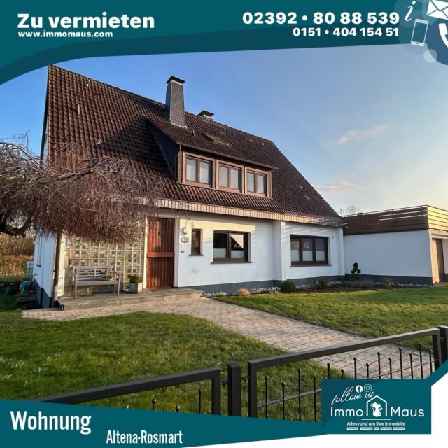 Sie suchen ein Zuhause mit angenehmer Atmosphäre und netter Hausgemeinschaft? Dann ist dieses Angebot genau das Richtige für Sie!

📍 Altena – Rosmart
💶 Kaltmiete: 800 €
💰 Warmmiete: 1.150 €
📐 Wohnfläche: ca. 93 m²

✨ Highlights der Wohnung:
🛋️ Großzügiger Wohn- & Essbereich
🛏️ 2 Schlafzimmer
🛁 Badezimmer mit Badewanne + Gäste-WC mit Dusche
🌞 Sonnenterrasse & Balkon
🚗 Eigener Stellplatz
📦 Kellerraum

👨‍👩‍👧‍👦 Besonderheit:
Die Eigentümer wohnen ebenfalls im Haus – Sie profitieren von einer sehr angenehmen und gepflegten Hausgemeinschaft.
Die Etagenwohnung befindet sich im Obergeschoss, was für eine ruhige und familiäre Wohnatmosphäre sorgt.

📅 Verfügbar ab Juni 2026

📩 Bei Interesse freuen wir uns auf Ihre Nachricht!

#wohnung #mieten #altena #rosmart #nrw