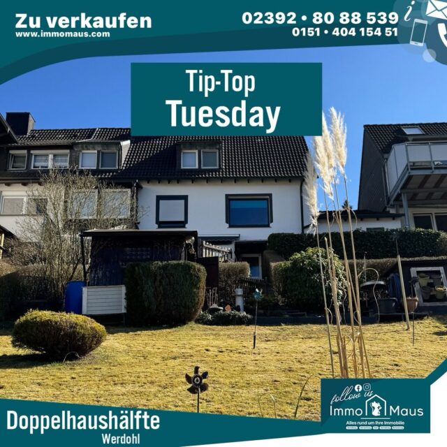 🔥 Tip Top Tuesday – Heute wieder eine tolle Immobilie für Sie! 🏡✨

Auch heute präsentieren wir Ihnen eine attraktive Doppelhaushälfte in Werdohl-Ütterlingsen – perfekt für alle, die Ruhe, Platz und Lebensqualität suchen!

💶 Kaufpreis: 219.000 €

🌿 Ihre Highlights im Überblick:
✔️ Ca. 126 m² Wohnfläche
✔️ Großzügiges Grundstück mit ca. 573 m² 🌳
✔️ 5 Zimmer (3 Schlafzimmer) 🛏️
✔️ 2 Badezimmer + separates WC 🚿
✔️ Große Terrasse (ca. 50 m²) ☀️
✔️ Vollunterkellert – viel Stauraum 📦
✔️ Garage mit Zugang zum Haus 🚗
✔️ Infrarotsauna für entspannte Momente 🧖‍♂️

🏠 Ideal für Familien oder Paare, die sich den Traum vom Eigenheim erfüllen möchten

📍 Ruhige & familienfreundliche Lage in Ütterlingsen
➡️ Gute Anbindung Richtung Lüdenscheid & Siegen
➡️ Schule, Einkaufsmöglichkeiten & Natur in direkter Nähe

✨ Ein Zuhause mit viel Potenzial und Platz für Ihre Lebensträume!

📞 Interesse geweckt?
Melden Sie sich gerne bei Ihrem Immo Maus Team – wir freuen uns auf Ihre Anfrage!

#immobilien #werdohl #ütterlingsen #hauskaufen #eigenheim