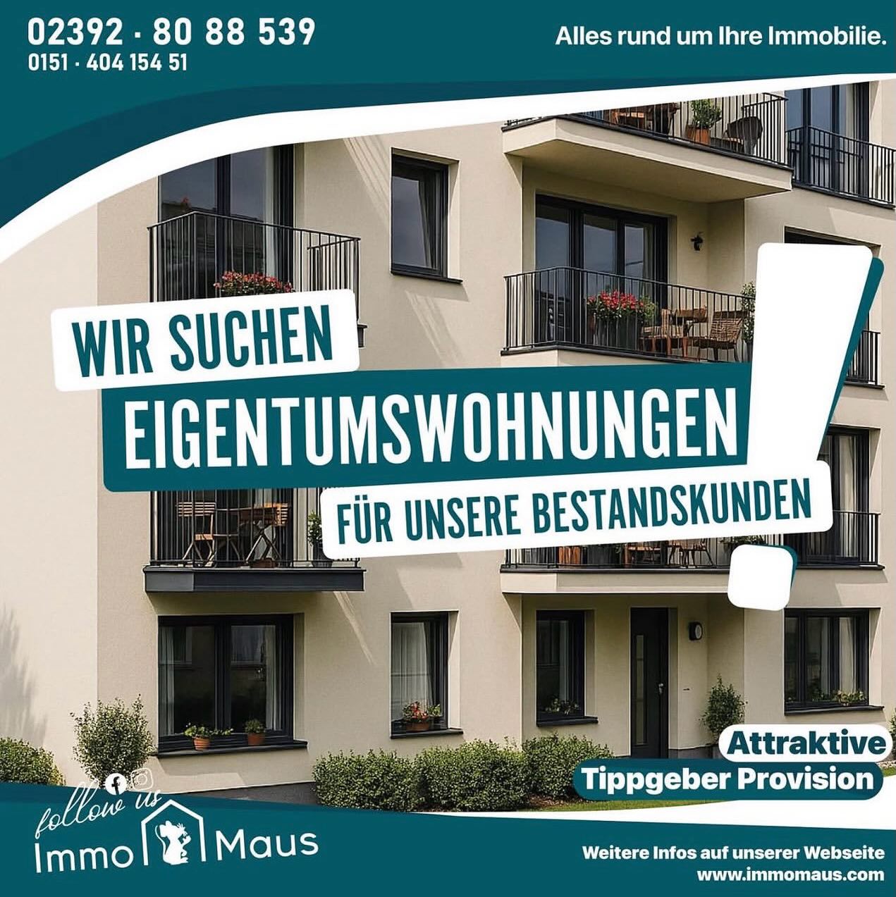 Sie besitzen eine Eigentumswohnung oder kennen jemanden, der eine verkaufen möchte? 🏘️🤝

Wir suchen für unsere Bestandskunden Eigentumswohnungen als Kapitalanlage und/oder ebenfalls auch für den Eigenbedarf.📈🏡

Wenn Sie eine Wohnung verkaufen möchten oder jemanden in Ihrem Freundes- oder Bekanntenkreis kennen, der verkaufen will – melden Sie sich bei uns! ✉️☎️

Profitieren Sie von unserer attraktiven Tippgeberprovision 💸

Ihr
Immo Maus Team 🐭

⸻

#immomaus #immobilien #tippgeber #kapitalanlage #hausverkauf