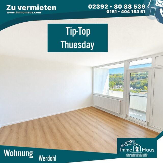 🏡✨ TIP TOP TUESDAY ✨🏡

Heute stellen wir euch eine Wohnung in Werdohl vor! 😍

🛏️ 3,5 Zimmer
📐 ca. 75 m²
💶 Kaltmiete: 560 €
🔥 Erstbezug nach hochwertiger Renovierung

Diese moderne Etagenwohnung überzeugt mit:
✔️ hochwertiger Renovierung
✔️ traumhaftem Fernblick über Werdohl
✔️ hellem Wohnbereich
✔️ 2 Schlafzimmern
✔️ modernem Badezimmer + Gäste-WC
✔️ Balkon zum Entspannen
✔️ eigenem Stellplatz
✔️ zwei Fahrstühlen im Haus

Perfekt für Paare, kleine Familien oder Berufstätige mit Platzbedarf 🏙️

📦 Sofort bezugsfrei!

📩 Interesse?
Dann melden Sie sich bei uns. Ihr Immo Maus Team !

#TipTopTuesday #Werdohl #WohnungZuVermieten #Mietwohnung