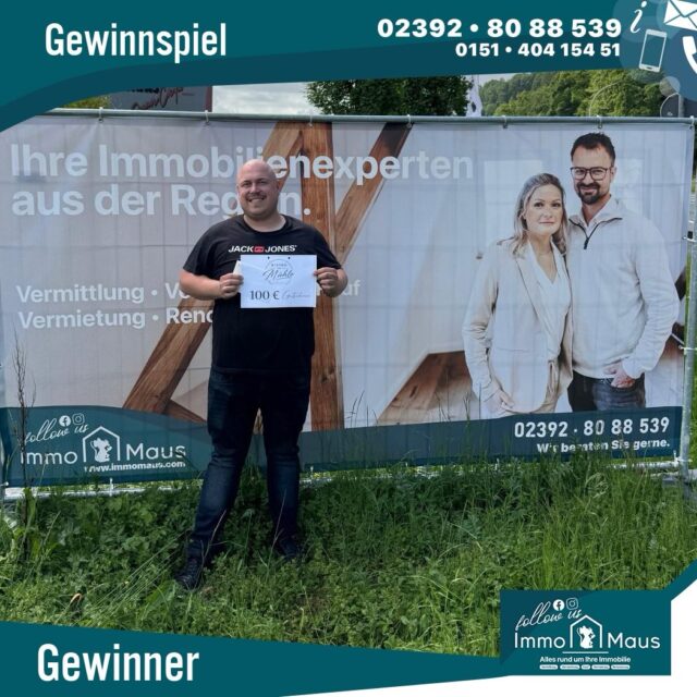 🎉🏆 Unser Gewinnspiel-Gewinner steht fest! 🏆🎉

Herzlichen Glückwunsch an unseren Gewinner! 👏😄
Er hat tatsächlich alle 3 Immo Maus Banner gefunden 📍🔍 und uns die richtige Lösung ganz einfach per E-Mail geschickt 📧💨

Zack — schon durfte er sich über einen 100 € Gutschein von Bistro zur Mühle in Neuenrade freuen! 💶🎁

Ein riesiges DANKE an alle Teilnehmer ❤️
Es freut uns unglaublich, dass so viele von Ihnen durch Werdohl und Neuenrade gefahren sind 🚗💨 und fleißig nach unseren Bannern gesucht haben. 🙌

Ihre Unterstützung und die tolle Teilnahme bedeuten uns wirklich viel! 🏡💙

⚠️ Und aufgepasst:
Das nächste Gewinnspiel kommt schon bald… 👀🎉
Es lässt nicht lange auf sich warten! 😉

Ihr Immo Maus Team 🐭🏠

#immomaus #gewinnspiel #gewinner #100euro #werdohl