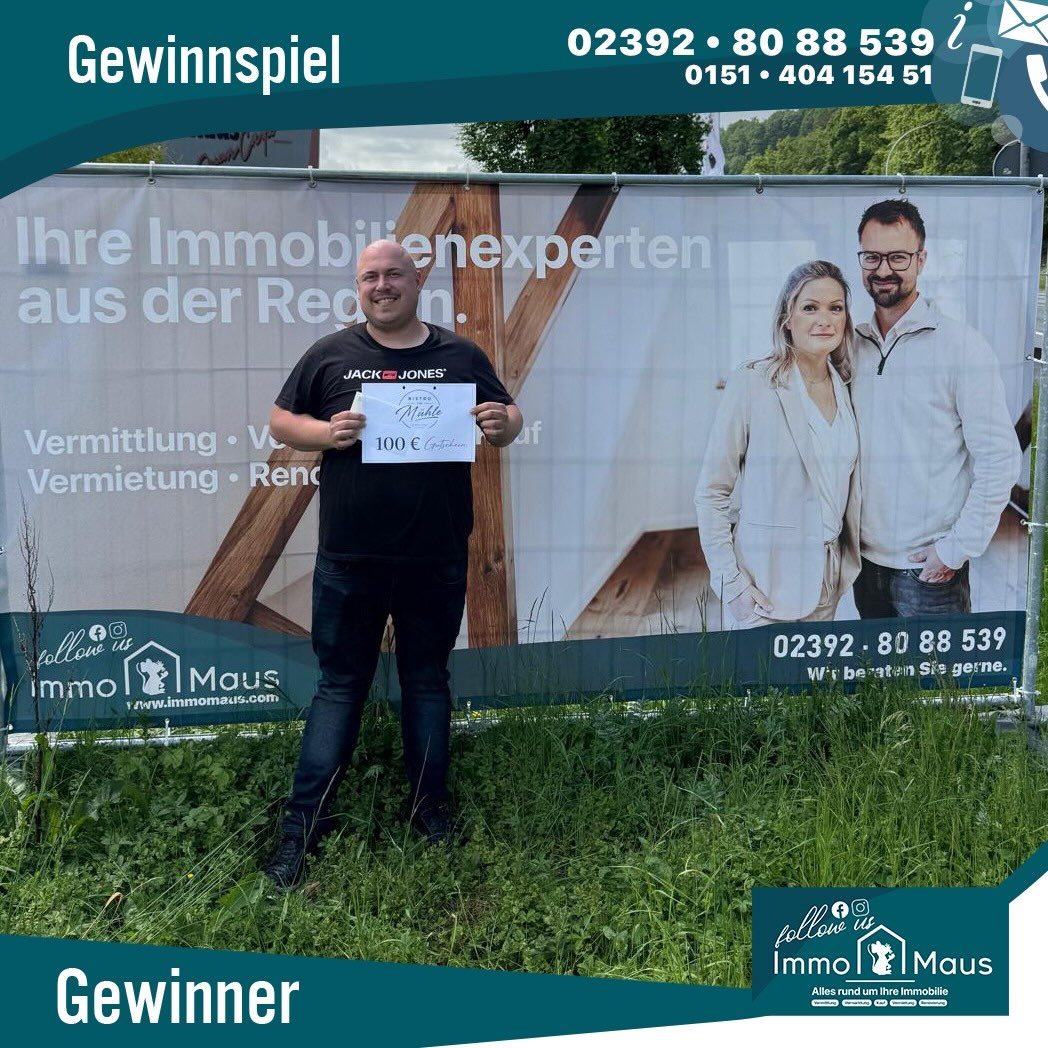 🎉🏆 Unser Gewinnspiel-Gewinner steht fest! 🏆🎉

Herzlichen Glückwunsch an unseren Gewinner! 👏😄
Er hat tatsächlich alle 3 Immo Maus Banner gefunden 📍🔍 und uns die richtige Lösung ganz einfach per E-Mail geschickt 📧💨

Zack — schon durfte er sich über einen 100 € Gutschein von Bistro zur Mühle in Neuenrade freuen! 💶🎁

Ein riesiges DANKE an alle Teilnehmer ❤️
Es freut uns unglaublich, dass so viele von Ihnen durch Werdohl und Neuenrade gefahren sind 🚗💨 und fleißig nach unseren Bannern gesucht haben. 🙌

Ihre Unterstützung und die tolle Teilnahme bedeuten uns wirklich viel! 🏡💙

⚠️ Und aufgepasst:
Das nächste Gewinnspiel kommt schon bald… 👀🎉
Es lässt nicht lange auf sich warten! 😉

Ihr Immo Maus Team 🐭🏠

#immomaus #gewinnspiel #gewinner #100euro #werdohl