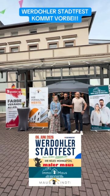 ✨ Heute am Stadtfest in Werdohl ! 🎉 Ihr findet uns – Hausverwaltung Maus 🏠, Immo Maus 🏡 und Maler Maus 🎨 – live vor Ort! Kommt vorbei, holt euch ein Slush-Eis 🍧, Popcorn 🍿 und tolle Gewinne – alles gratis! Wir freuen uns auf euch! 😊 #Stadtfest#ImmoMaus #HausverwaltungMaus #MalerMaus #Kostenlos