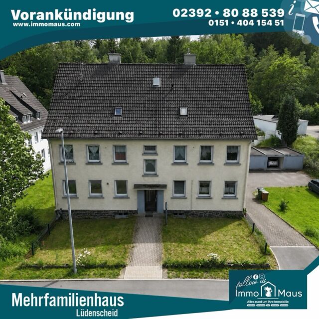 🚨 VORANKÜNDIGUNG – Mehrfamilienhaus als Kapitalanlage in Lüdenscheid! 🏡💰

Sie sind auf der Suche nach einer attraktiven Kapitalanlage mit Entwicklungspotenzial? Dann sollten Sie sich dieses Objekt unbedingt vormerken! 👌

📍 Lüdenscheid-Brünninghausen

🏠 Ca. 300 m² Wohnfläche

🌳 Ca. 1.129 m² Grundstück

🏘️ 6 Wohneinheiten – davon 3 vermietet und 3 leerstehend

🚗 5 vermietete Garagen

🅿️ Potenzial für 3 zusätzliche Stellplätze zur Vermietung

🔥 Gasheizung aus dem Jahr 2002

💶 Soll-Miete ca. 28.000 € Jahresnettokaltmiete

📈 Aktuelle Jahresnettokaltmiete: 15.444 €

🏗️ Zusätzliche Entwicklungsmöglichkeiten durch weitere Garagen auf dem großzügigen Grundstück

✨ Diese Immobilie bietet eine interessante Investitionsmöglichkeit für Kapitalanleger, die neben laufenden Mieteinnahmen auch erhebliches Wertsteigerungs- und Entwicklungspotenzial suchen.

📢 Das Exposé befindet sich derzeit in Vorbereitung.

📞 Sie haben Interesse oder möchten bereits jetzt weitere Informationen erhalten? Dann melden Sie sich gerne bei uns!

🐭 Ihr Immo Maus Team

🏠 Alles rund um Ihre Immobilie

#Immobilien #Kapitalanlage #Mehrfamilienhaus #investment
