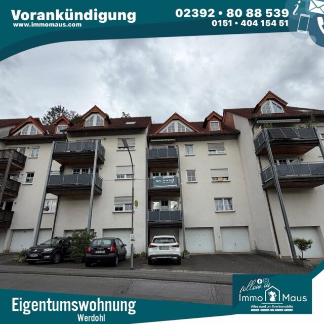 🏡 Vorankündigung – Eigentumswohnung in Werdohl-Königsburg 🏡

Schon bald für Sie verfügbar! ✨

📍 Werdohl-Königsburg
📐 ca. 76 m² Wohnfläche
🚗 Garage inklusive
☀️ Balkon
🛏️ 2 Schlafzimmer

Ob als Kapitalanlage 💰 oder zur Eigennutzung 🏠 – diese attraktive Eigentumswohnung bietet Ihnen viele Möglichkeiten.

📩 Sie haben bereits vorab Interesse? Dann melden Sie sich gerne bei uns. Wir informieren Sie frühzeitig über alle Details!

Wir freuen uns auf Ihre Nachricht. 😊

Ihr Immo Maus Team 🐭🏡

#Werdohl #Königsburg #Eigentumswohnung #Immobilien #wohnungkaufen