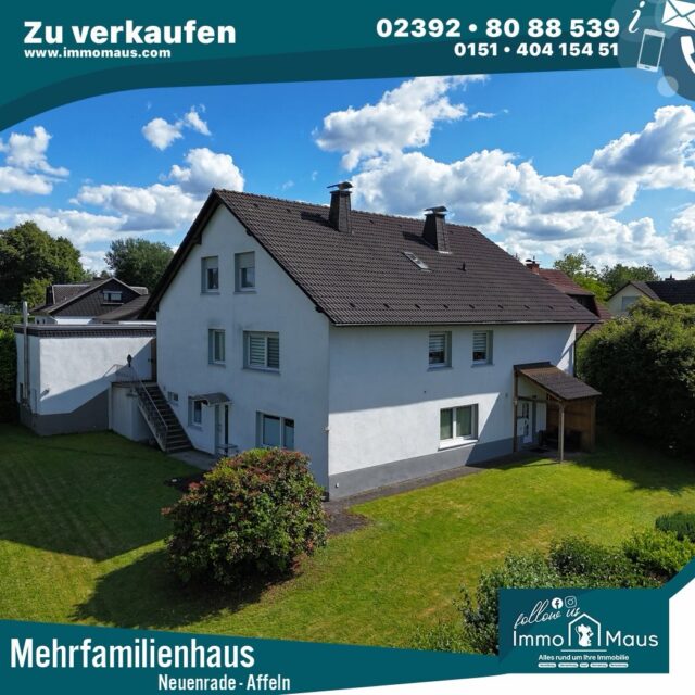 🏡💰 Wo Rendite zuhause ist – Attraktives Mehrfamilienhaus in Affeln! 💰🏡
📍 Neuenrade-Affeln
Sie suchen eine solide Kapitalanlage mit sofortigen Mieteinnahmen? Dann könnte dieses gepflegte Mehrfamilienhaus genau das Richtige für Sie sein! 👌
✨ Highlights auf einen Blick:
🏠 Mehrfamilienhaus mit ca. 320 m² Wohnfläche
🛋️ 4 vermietete Wohnungen
💶 Laufende Mieteinnahmen ab dem ersten Tag
🛏️ Insgesamt 9 Zimmer
🛁 4 Badezimmer
🌳 Balkon & Terrasse
🚗 2 Garagen
🔥 Zentralheizung
📅 Baujahr 1978
✅ Gepflegter Zustand
📈 Ideal für Kapitalanleger, die auf langfristige Wertstabilität und regelmäßige Einnahmen setzen.
💰 Kaufpreis: 369.000 €
📞 Vereinbaren Sie jetzt Ihren Besichtigungstermin!
Immo Maus UG (haftungsbeschränkt)
☎️ 02392 / 8088539
📧 info@immomaus.com
#Immobilien #Kapitalanlage #Mehrfamilienhaus #renditeobjekt