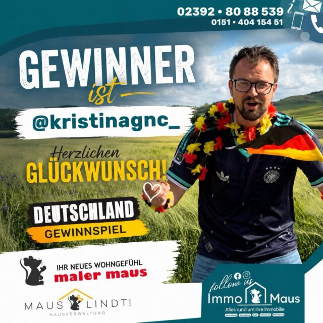 🇩🇪⚽ Die WM läuft auf Hochtouren! ⚽🇩🇪
Deutschland hat bereits alles gegeben – und wir haben mit unserem WM-Gewinnspiel für zusätzliche Fan-Stimmung gesorgt! 🎉
🎁 Gemeinsam mit der Hausverwaltung Maus & Lindt, Immo Maus und Maler Maus haben wir ein Deutschland-Trikot verlost. 🇩🇪👕
🏆 Die Auslosung ist erfolgt – gewonnen hat:
🥳 @kristinagnc_
Herzlichen Glückwunsch zum Deutschland-Trikot! 🎊👏
Wir wünschen allen Fußballfans weiterhin eine spannende WM und freuen uns auf die Trikotabholung. ⚽🇩🇪
#immomaus #mauslindt #malermaus #deutschland #WM2026 Fußball DeutschlandTrikot Gewinnspiel Gewinner Fanliebe