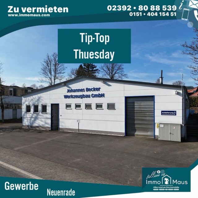Tip-Top Thuesday. 🏭✨ ZU VERMIETEN – Moderne Gewerbehalle in Neuenrade-Küntrop

Sie suchen eine vielseitig nutzbare Gewerbeimmobilie für Produktion, Lager oder Logistik?
Dann ist dieses Objekt genau das Richtige für Sie!

🔹 Gesamtfläche: ca. 600 m²
✔️ ca. 450 m² Produktions- & Lagerfläche
✔️ ca. 150 m² Büro- & Sozialräume

🔹 Ihre Vorteile auf einen Blick:
⚡ Photovoltaikanlage (2024) – sparen Sie Energiekosten
🚛 Rampe mit Hubbühne für optimale Logistik
🏢 Helle Büroflächen & Aufenthaltsräume
🔥 Neue Heizungsanlage (2023) & gedämmtes Dach
🚗 Großzügige Rangierflächen

💰 Kaltmiete: 3.000 €
💰 Warmmiete: 4.000 €

👉 Perfekt für Unternehmen, die effizient arbeiten und wachsen möchten!

📩 Vereinbaren Sie jetzt Ihre Besichtigung – wir freuen uns auf Ihre Anfrage! Ihr Immo Maus Team !

#gewerbehalle #immobilien #mieten #unternehmer #gewerbeimmobilie
