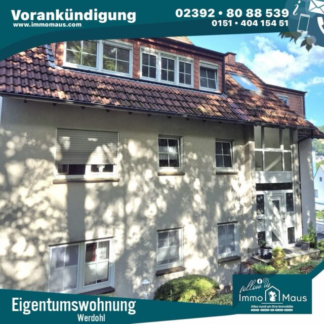 🏡 VORANKÜNDIGUNG – Gemütliches Wohnen mit Stil in Werdohl! ✨

Sie sind auf der Suche nach einer gemütlichen und günstigen Eigentumswohnung mit Charme? Dann dürfen Sie sich dieses neue Angebot nicht entgehen lassen! 👀

📍 Werdohl
🏠 Ca. 60 m² Wohnfläche
🛏️ 3 Zimmer
🚗 Garage inklusive
🌿 Ruhige Wohnlage

Freuen Sie sich auf eine gepflegte Dachgeschosswohnung mit viel Tageslicht, einer angenehmen Wohnatmosphäre und einer praktischen Raumaufteilung – ideal für Singles, Paare oder als Kapitalanlage. ✨

Mehr verraten wir noch nicht... 😉

📢 Das vollständige Exposé mit allen Bildern und Informationen erscheint in Kürze.

👉 Interesse?
Kommentieren Sie einfach „Exposé“ oder schreiben Sie uns eine Nachricht – wir senden Ihnen die Unterlagen, sobald sie verfügbar sind.

Ihr Immo Maus Team 🐭🏡

#Vorankündigung #ImmoMaus #Werdohl #Eigentumswohnung