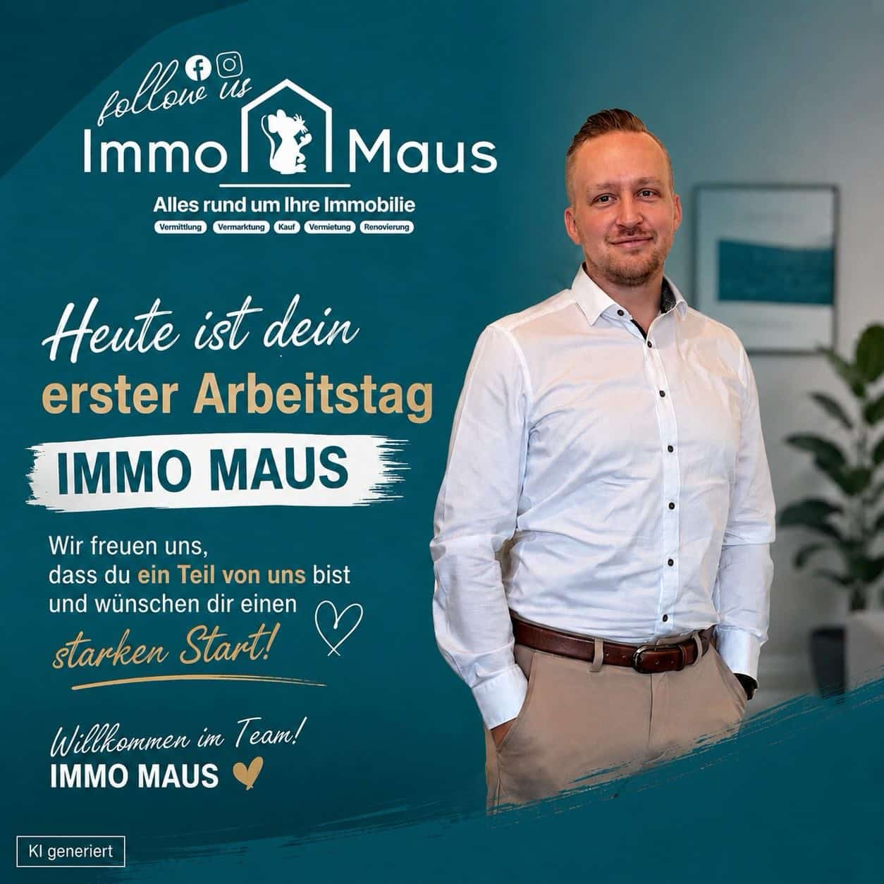 🏡 Herzlich willkommen Nick Batram bei der Immo Maus! 🐭💙

Heute ist dein erster Arbeitstag – und wir freuen uns riesig, dich in unserem Team begrüßen zu dürfen!

Schön, dass du jetzt ein Teil der Immo Maus bist. Gemeinsam möchten wir unsere Kundinnen und Kunden mit Kompetenz, Vertrauen und Leidenschaft rund um ihre Immobilie begleiten.

Für deinen Start wünschen wir dir viel Erfolg, spannende Herausforderungen, tolle Begegnungen und vor allem ganz viel Freude bei deiner neuen Aufgabe. Wir freuen uns auf die gemeinsame Zukunft! 🚀

Herzlich willkommen im Team! 💙

Hinweis: Das veröffentlichte Beitragsbild wurde mit Unterstützung von Künstlicher Intelligenz (KI) erstellt.

#ImmoMaus #WillkommenImTeam #ErsterArbeitstag #NeuerJob
