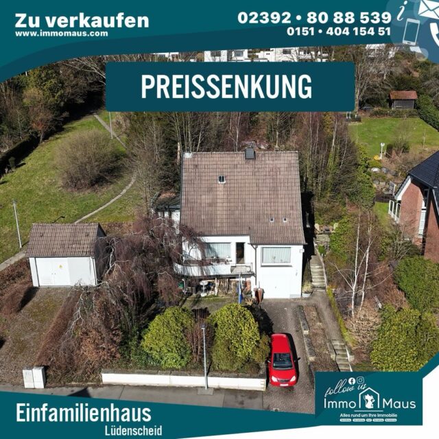 🏡 PREISSENKUNG – EINMALIGE CHANCE IN LÜDENSCHEID-OENEKING! 🔥

Sie suchen ein freistehendes Einfamilienhaus in Toplage mit einem außergewöhnlich großen Grundstück und viel Potenzial? Dann sollten Sie sich dieses Angebot genauer ansehen! 👀

✨ Ihre Highlights:
🏠 ca. 130 m² Wohnfläche
🌳 ca. 1.289 m² Grundstück
🛏️ 6 Zimmer / 3 Schlafzimmer
🔥 Kamin
☀️ Wintergarten & Terrasse
🌿 Großzügiger Garten mit viel Privatsphäre
🏡 Voll unterkellert
📍 Lüdenscheid-Oeneking – Oenekingerweg 82

Das renovierungsbedürftige Haus bietet Ihnen die Möglichkeit, Ihre eigenen Wohnideen umzusetzen und sich ein ganz individuelles Zuhause zu schaffen. Besonders das großzügige Grundstück in gefragter Wohnlage macht dieses Angebot zu einer echten Besonderheit. 🌳✨

⚠️ Eine einmalige Gelegenheit für alle, die das Potenzial erkennen und sich den Traum vom eigenen Haus in Oeneking erfüllen möchten!

🎥 Sie möchten sich schon vorab einen Eindruck verschaffen?
Nutzen Sie unseren virtuellen Rundgang und entdecken Sie die Immobilie bequem von zu Hause aus.

👉 Interesse?
📞 Rufen Sie uns an: 02392 / 8088539
📧 info@immomaus.com
🌐 www.immomaus.com

📍 Immo Maus – Immobilien mit Herz und Verstand. 🏡

#Preissenkung #EinmaligeChance #Lüdenscheid #oeneking