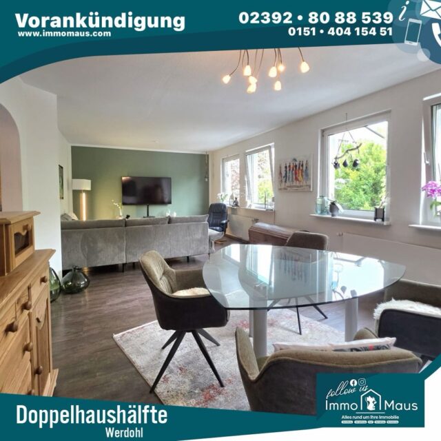 🏡 VORANKÜNDIGUNG – NEU IN WERDOHL! 🏡

✨ Moderne Doppelhaushälfte mit viel Platz für die ganze Familie!

📍 Brüderstraße 30, 58791 Werdohl
📐 ca. 141,31 m² Wohnfläche
🏠 3 Ebenen – Erdgeschoss, Obergeschoss & Dachgeschoss

Die durchdachte Aufteilung bietet unter anderem mehrere Zimmer, 3 Bäder, eine großzügige Küche sowie einen schönen Wohn-/Essbereich.

🔑 Weitere Informationen und Bilder folgen in Kürze!

Sie möchten keine neue Immobilie verpassen?
👉 Folgen Sie uns und bleiben Sie auf dem Laufenden!

🐭 Ihr Immo-Maus-Team

#Vorankündigung #Werdohl #Doppelhaushälfte #HausKaufen #Immobilie