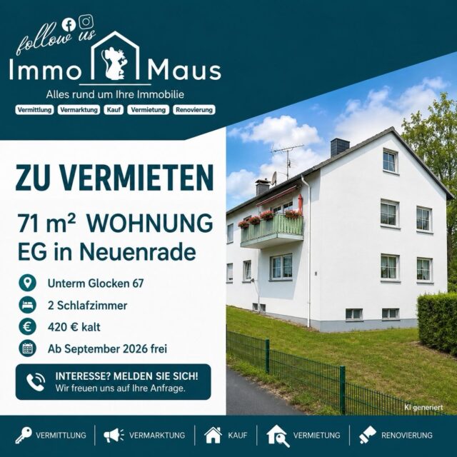 🏡 ZU VERMIETEN IN NEUENRADE! 🏡
Sie suchen eine gemütliche Wohnung in ruhiger Lage? Dann könnte diese 71 m² große Erdgeschosswohnung genau das Richtige für Sie sein! 🔑
📍 Unterm Glocken 67, Neuenrade
🏠 71 m² Wohnfläche
🛏️ 2 Schlafzimmer
💶 420 € Kaltmiete
📅 Ab September 2026 frei
⬇️ Erdgeschoss
✨ Ideal für Paare oder kleine Familien.
📩 Interesse? Dann melden Sie sich gerne bei uns und vereinbaren Sie einen Besichtigungstermin!
🐭 Immo Maus – Alles rund um Ihre Immobilie
#Immobilien #WohnungZuVermieten #neuenrade