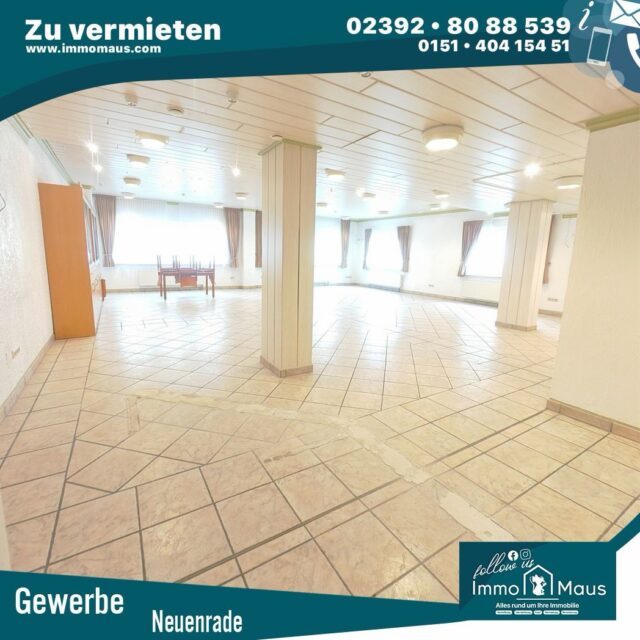 🏢 ZUR MIETE – Gewerbefläche mit vielseitigen Nutzungsmöglichkeiten
📍 Stadtzentral gelegen | ca. 150,67 m² Nutzfläche | Aufzug vorhanden
Sie suchen großzügige Räumlichkeiten für Ihren Verein, Veranstaltungen oder ein neues gewerbliches Konzept?
Dieses ehemalige Sängerheim im 1. Obergeschoss bietet auf ca. 150,67 m² Nutzfläche viel Platz und zahlreiche Möglichkeiten zur individuellen Nutzung. Dank des vorhandenen Aufzugs ist ein barrierearmer Zugang möglich.
✨ Die Ausstattung auf einen Blick:
🎭 großzügiger Versammlungs- und Veranstaltungssaal
🍽️ Aufenthaltsraum mit integrierter Küche
🍻 separater Thekenbereich
🚻 getrennte Damen- und Herren-WCs
📦 zusätzliche Neben- und Lagerflächen
🛗 Aufzug
📍 stadtzentrale Lage
💡 Vielfältige Nutzungsmöglichkeiten
Die Räumlichkeiten eignen sich beispielsweise als:
• Vereinsheim oder Vereinstreff
• Veranstaltungsraum
• Schulungs- oder Seminarraum
• Hobby- und Freizeittreff
• Atelier oder Ausstellungsfläche
• Lager- oder Gewerbefläche
Die großzügige Raumaufteilung bietet Ihnen viel Potenzial, um Ihre eigenen Ideen und Konzepte umzusetzen.
💶 Kaltmiete: 990 € / Monat
💶 Betriebsnebenkosten: 300 € / Monat
📐 Nutzfläche: ca. 150,67 m² gemäß Grundriss, Angaben ohne Gewähr
🔑 Verfügbarkeit: nach Absprache
Die jeweilige Nutzung ist gegebenenfalls von einer behördlichen Genehmigung bzw. Nutzungsänderung abhängig.
Interesse geweckt? 🐭
Kontaktieren Sie uns gerne für weitere Informationen oder einen persönlichen Besichtigungstermin.
Ihr
Immo-Maus-Team 🐭🏡