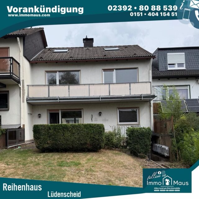 🏡 VORANKÜNDIGUNG – Reihenhaus in Lüdenscheid
Demnächst im Verkauf! 🐭🏡
In der Lisztstraße 72 in Lüdenscheid erwartet Sie ein Reihenhaus aus dem Baujahr 1963, 107 m2 Wohnfläche auf einem ca. 337 m² großen Grundstück.
Das Haus bietet viel Potenzial für alle, die ihre eigenen Wohnideen verwirklichen und eine Immobilie nach den persönlichen Vorstellungen gestalten möchten.
✨ Die Highlights auf einen Blick:
🏠 Reihenhaus, Baujahr 1963
🌳 ca. 337 m² Grundstück
🚗 eigene Garage
🌿 Garten
☀️ Terrasse
🌅 Balkon
🔨 renovierungsbedürftiger Zustand
💡 viel Potenzial zur individuellen Gestaltung
Sie möchten bereits vor der offiziellen Vermarktung weitere Informationen erhalten?
🐭 Kommentieren Sie einfach „MAUS“ unter diesem Beitrag und wir schicken Ihnen die ersten Informationen vorab!
Ihr
Immo-Maus-Team 🐭🏡