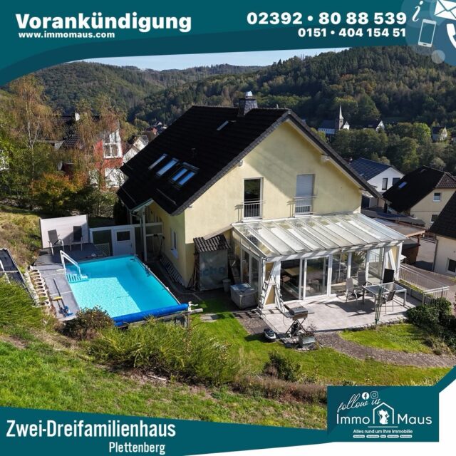 🏡✨ VORANKÜNDIGUNG – NEU IN PLETTENBERG! ✨🏡
🔑 Hier wartet vielleicht Ihr neues Traumzuhause!
In Kürze präsentieren wir Ihnen ein modernes und großzügiges Zwei- bis Dreifamilienhaus in ruhiger, naturnaher Lage von Plettenberg! 🌳
🏠 Ca. 278 m² Wohnfläche
🌿 Ca. 956 m² Grundstück
🛏️ 9 Zimmer
✨ Ideal für Familien, Mehrgenerationenwohnen oder Wohnen & Vermieten
👀 Schon jetzt neugierig geworden?
Sie haben bereits vor der offiziellen Veröffentlichung Interesse an dieser besonderen Immobilie?
📩 Dann melden Sie sich gerne schon jetzt bei uns! Wir freuen uns auf Ihre Nachricht und informieren Sie persönlich.
📞 023928088539
🏡 Immo Maus ❤️ Folgen Sie uns und verpassen Sie nicht den Verkaufsstart!
#ComingSoon #Plettenberg #Immobilien #ImmobilienPlettenberg