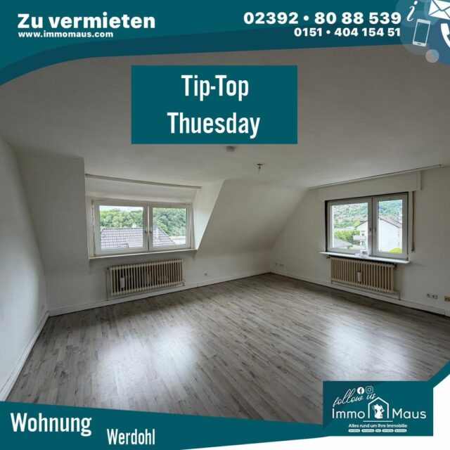 Tip Top Thuesday 🏡 80 m² Dachgeschosswohnung zu vermieten – Wohnen in Werdohl-Königsburg! 🌳✨
Sie suchen eine gemütliche Wohnung in ruhiger Lage? Dann könnte diese schöne Dachgeschosswohnung genau das Richtige für Sie sein! 😍
📍 Werdohl-Königsburg
🏠 Ca. 80 m² Wohnfläche
🛋️ 3 Zimmer
🛏️ 2 Schlafzimmer
🚗 Garage vorhanden
☀️ Gemeinschaftsterrasse zur Mitbenutzung
💶 Kaltmiete: 490 €
🚗 Garage: 60 €
💰 Nebenkosten: 150 €
❤️ Genießen Sie die ruhige Wohnlage und schaffen Sie sich Ihr neues Zuhause ganz nach Ihren Vorstellungen.
📞 Interesse geweckt? Dann melden Sie sich gerne bei uns!
🐭 Ihr Immo Maus Team
🏠 Alles rund um Ihre Immobilie
#Mietwohnung #Werdohl #Koenigsburg #wohnungzuvermieten