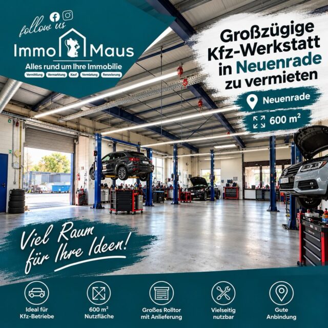 🚗🔧 KFZ-WERKSTATT IN NEUENRADE-KÜNTROP ZU VERMIETEN!

🏭 600 m² Platz für Ihre Ideen!

Sie suchen eine großzügige Halle für Ihre Autowerkstatt oder möchten Ihren KFZ-Betrieb erweitern?

✨ Die Highlights:

✅ Ca. 450 m² Hallenfläche

✅ Ca. 150 m² Büro- & Sozialräume

✅ Rampe mit Hubbühne

✅ Große Zufahrt & Rangierflächen

✅ Photovoltaikanlage & moderne Heizung

🔑 Auch eine Teilvermietung ist nach Absprache möglich!

📍 Neuenrade-Küntrop

💰 Kaltmiete: 3.000 € zzgl. Nebenkosten

📲 Jetzt Besichtigung vereinbaren!

📞 02392 / 8088539

📧 info@immomaus.com

🐭 Immo Maus – Alles rund um Ihre Immobilie!

#ImmoMaus #Neuenrade #Küntrop #kfzwerkstatt