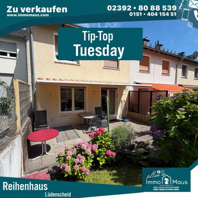 🏡 Tip Top Tuesday – Klein, fein & ganz viel Zuhause! ❤️

Du suchst ein gemütliches Zuhause mit Garten und Platz für deine Wohnideen? Dann könnte dieses Reihenmittelhaus in Lüdenscheid genau das Richtige für dich sein! 🔑✨

🌿 Dein neues Zuhause auf einen Blick:
🏠 Ca. 90 m² Wohnfläche
🛏️ 4 Zimmer, davon 3 Schlafzimmer
🌳 Ca. 183 m² Grundstück
☀️ Terrasse mit elektrischer Markise
🚗 2 Außenstellplätze
🧱 Unterkellert – zusätzlicher Stauraum inklusive

Das gepflegte Haus aus dem Jahr 1960 bietet eine praktische Raumaufteilung und jede Menge Möglichkeiten, es zu deinem ganz persönlichen Wohlfühlort zu machen. 🥰

📍 Görlitzerstraße 18, 58511 Lüdenscheid

💰 Kaufpreis: 199.000 €
zzgl. 3,57 % Außenprovision

Neugierig geworden? Dann melde dich bei uns und vereinbare einen Besichtigungstermin! 📩🔑

📞 Immo Maus UG
☎️ 02392 / 8088539
✉️ info@immomaus.com
🌐 immomaus.com

#TipTopTuesday #ImmoMaus #Lüdenscheid