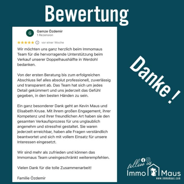 ⭐ Kundenzufriedenheit, die für sich spricht! ⭐
Zwei erfolgreiche Verkäufe, zwei glückliche Kunden – genau dafür arbeiten wir jeden Tag! 🙌
🏡 In Werdohl und Sundern konnten wir erfolgreich Einfamilienhäuser vermitteln und unsere Kunden auf dem gesamten Weg begleiten.
💬 Das sagen unsere Kunden:
✨ „Absolut professionell, zuverlässig und transparent.“
✨ „Jederzeit erreichbar und immer sofort zur Stelle.“
✨ „Angenehmer und stressfreier Verkaufsprozess.“
Genau so stellen wir uns eine erfolgreiche Zusammenarbeit vor – persönlich, engagiert und auf Augenhöhe. 🤝
💡 Sie möchten ebenfalls Ihre Immobilie verkaufen?
Dann lassen Sie sich von uns professionell begleiten – von der ersten Beratung bis zum erfolgreichen Abschluss.
📩 Kontaktieren Sie uns gerne – Ihr ImmoMaus Team 🐭
#bewertung #kundenstimme #immobilienverkauf #einfamilienhaus #werdohl